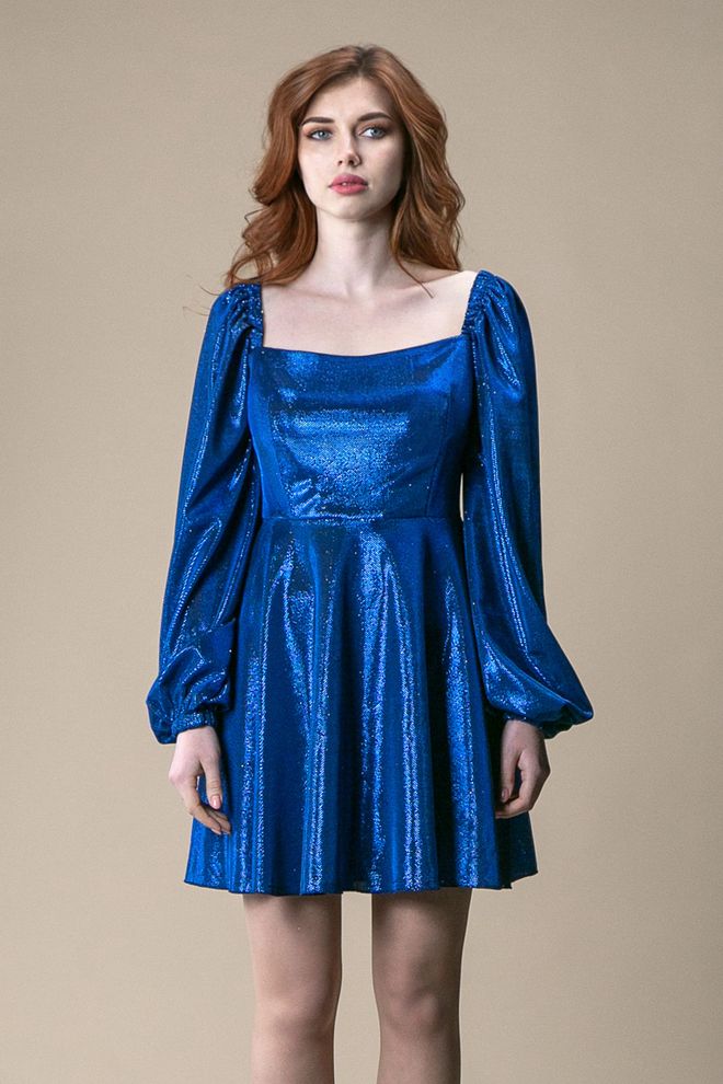 Платье мини блестящий рукав длинный (синий)