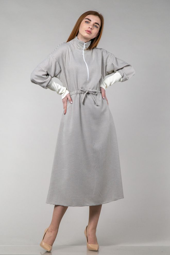Платье в гусиную лапку с манжетами (беж+белый)