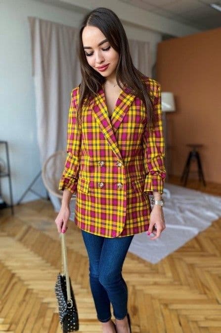Жакет двобортний заокруглений низ 4 гудзика (жовтий+фуксія)