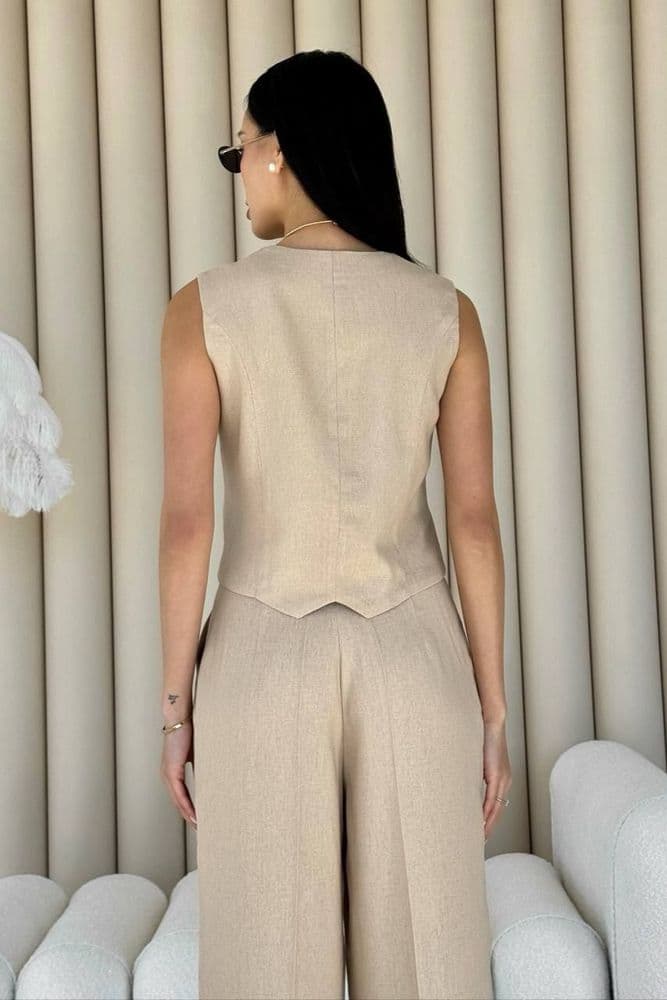Костюм брюки палацо+жилет з льону (бежевий) — 2