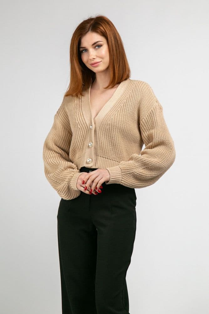 Кардиган короткий з золотими ґудзиками ONE SIZE (беж) — 3