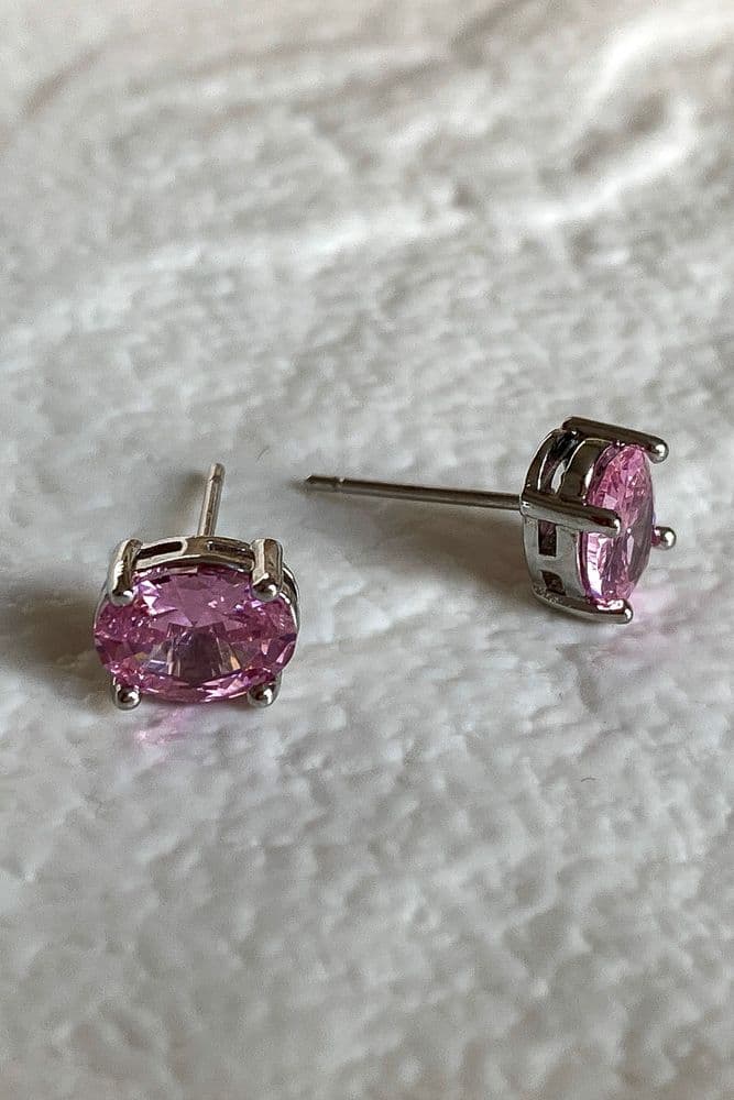 Серьги пусеты с цирконием овал (серебро+розовый) — 1