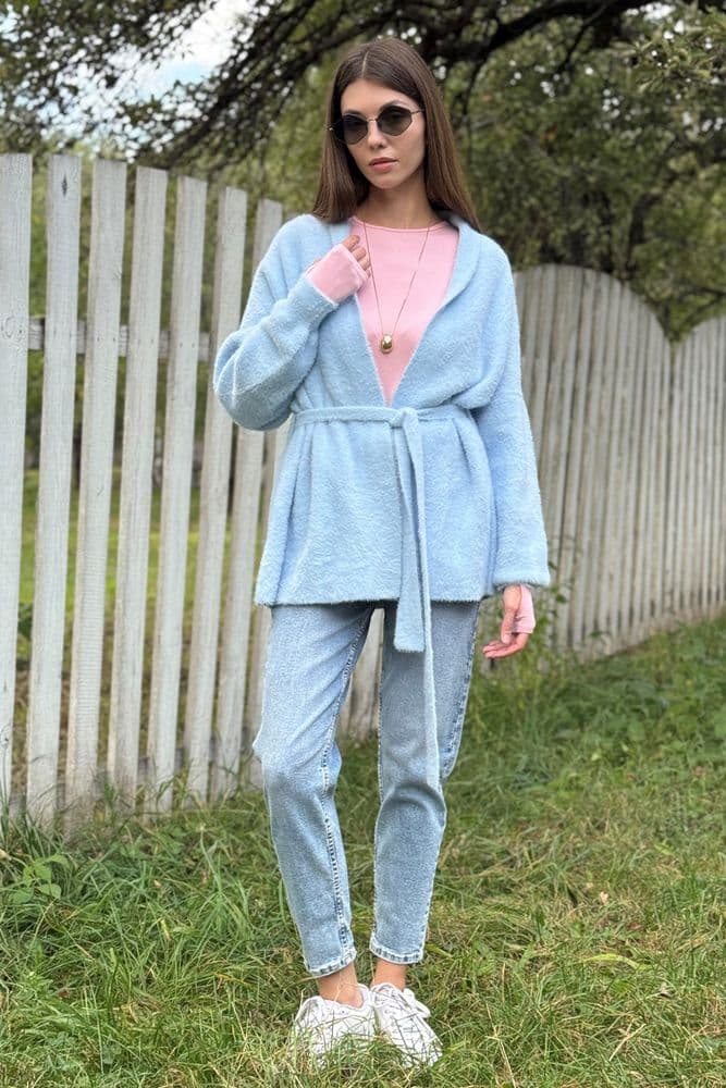 Кардиган короткий з паском ONE SIZE (блакитний) — 1