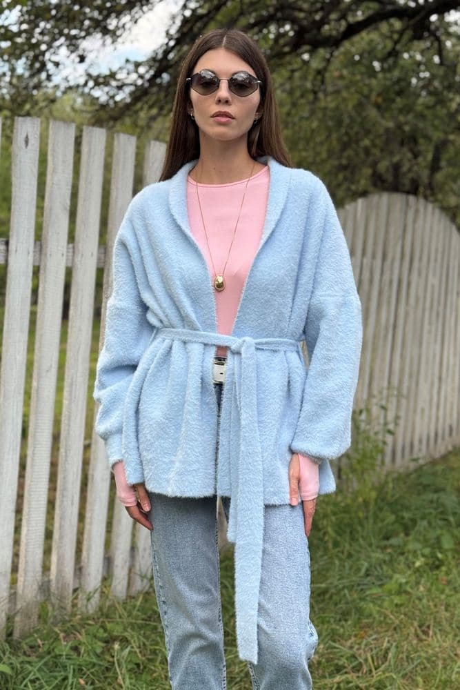 Кардиган короткий з паском ONE SIZE (блакитний) — 3