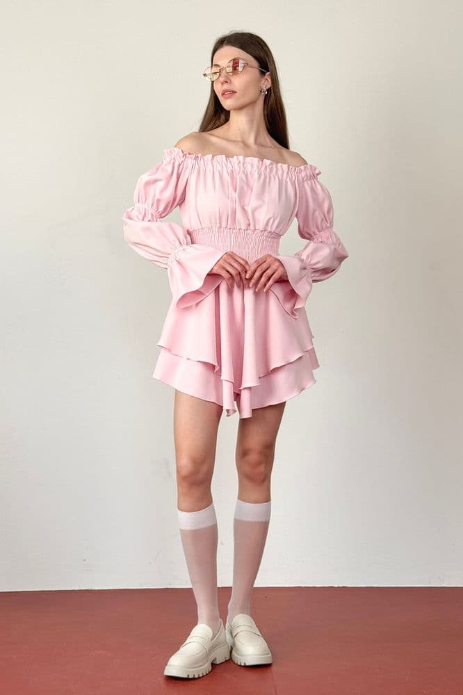 Комбинезон-мини с длинными рукавами однотонный (розовый) — 6
