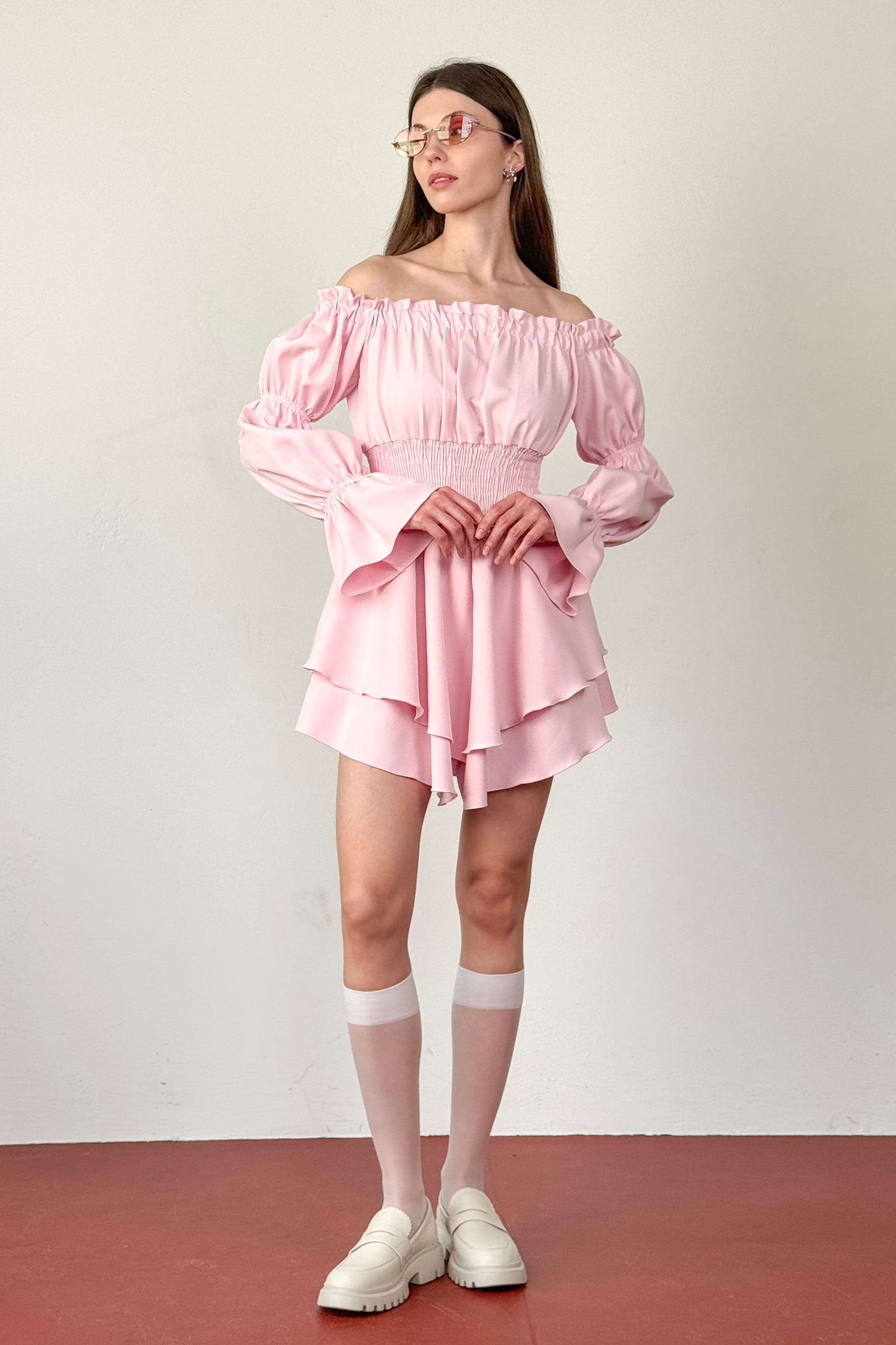 Комбинезон-мини с длинными рукавами однотонный (розовый) — 6