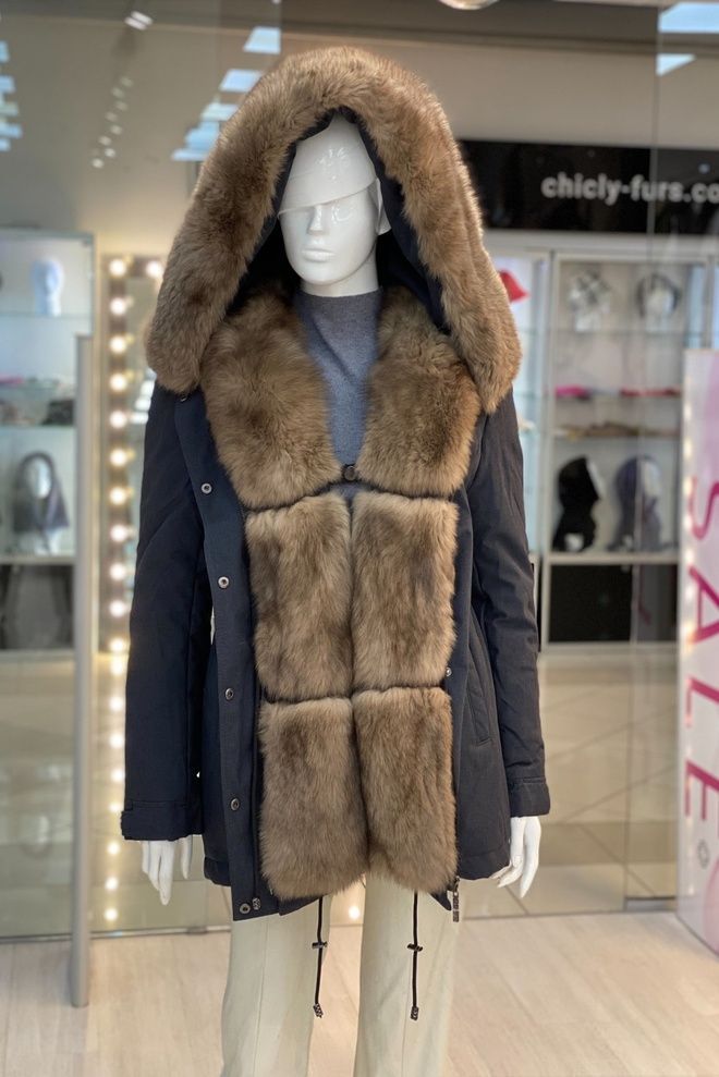 Парка з плащової тканини з песцем (джинс+соболь)