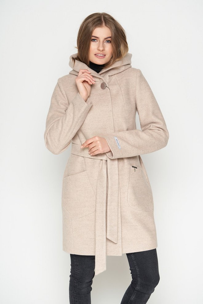 Женское шерстяное бежевое пальто с капюшоном на весну