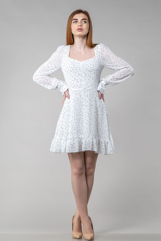 Платье мини в точку с манжетами (белый+черный)