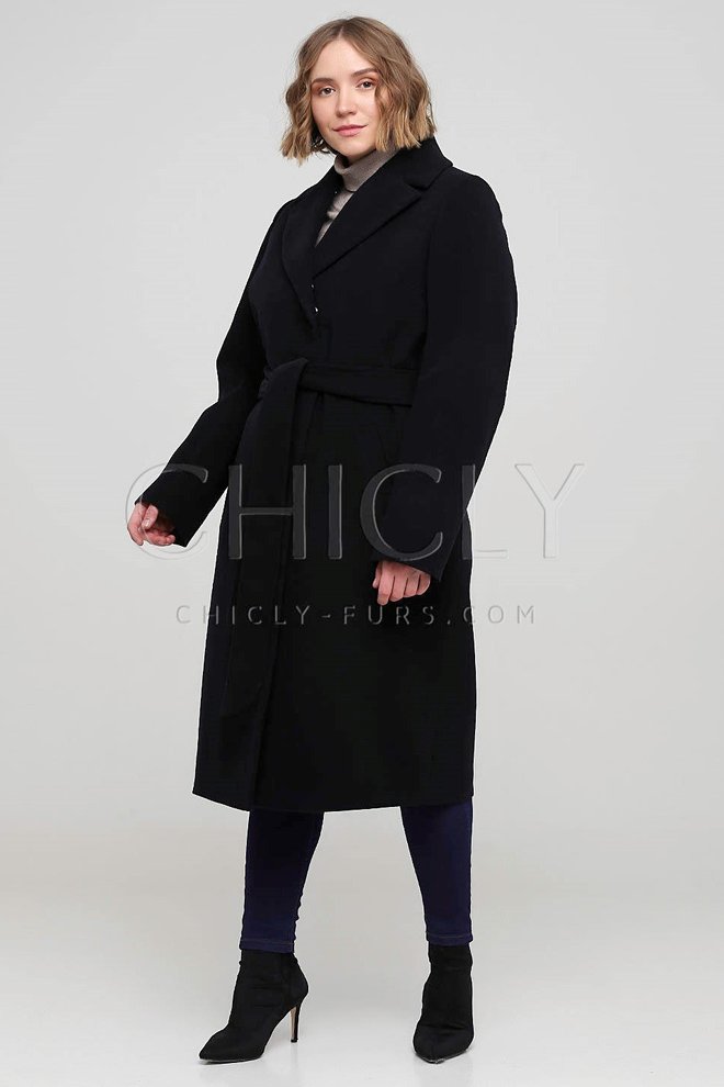 Черное пальто кашемировое классическое под пояс