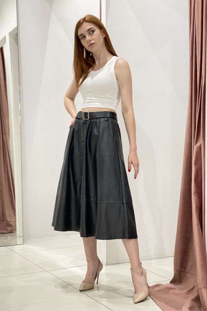 Юбка эко-кожа клеш с карманами (черный)