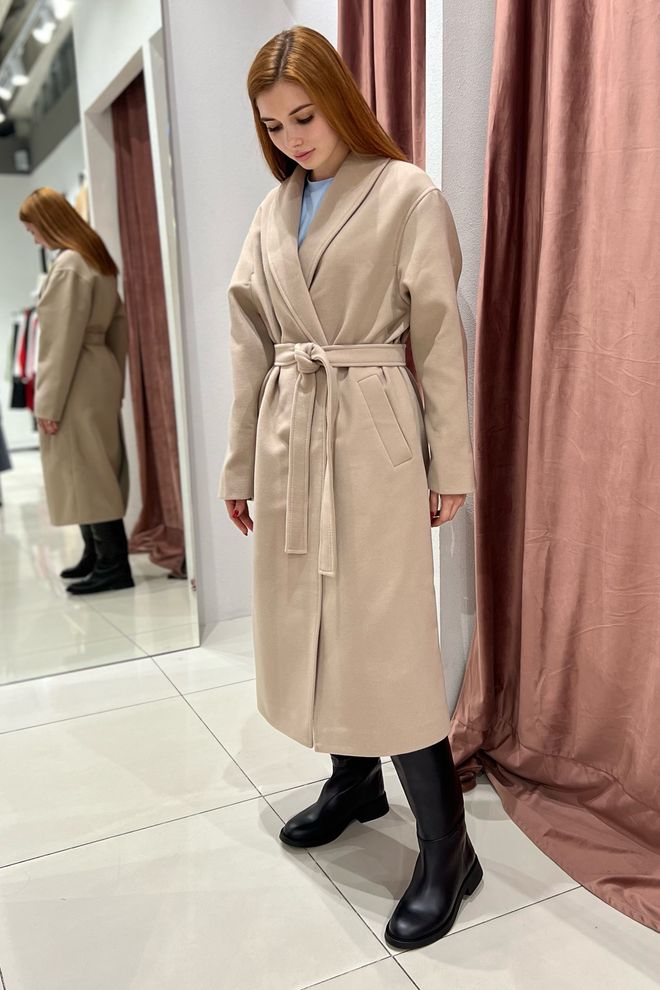 Кашемировое пальто-кимоно демисезонное песочного цвета