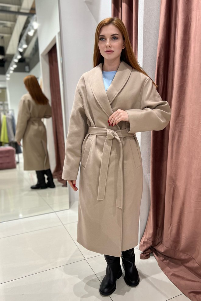 Кашемировое пальто-кимоно демисезонное песочного цвета