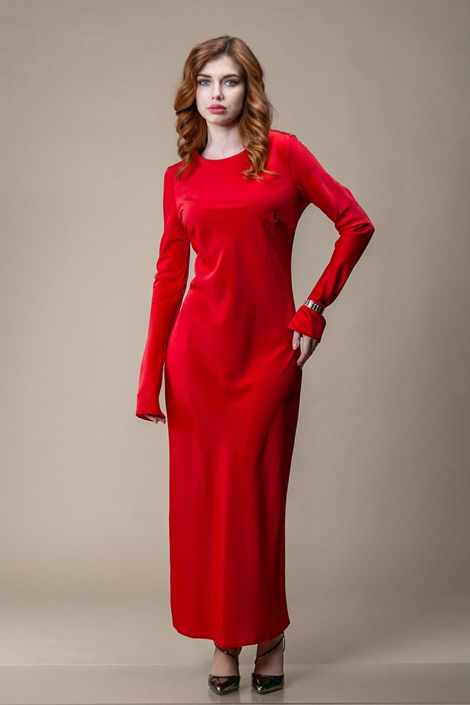 Плаття максі з довгим рукавом силуетне (червоний)