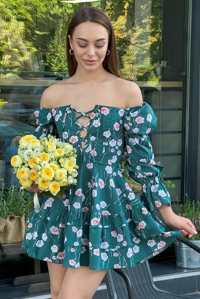 Плаття міні з корсетним верхом в квітку (зелений)
