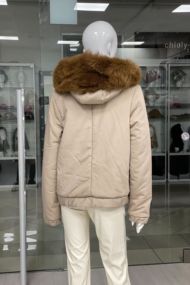 Бомбер з плащової тканини з опушкою песець (беж) Бомбер з плащової тканини з опушкою песець (беж)