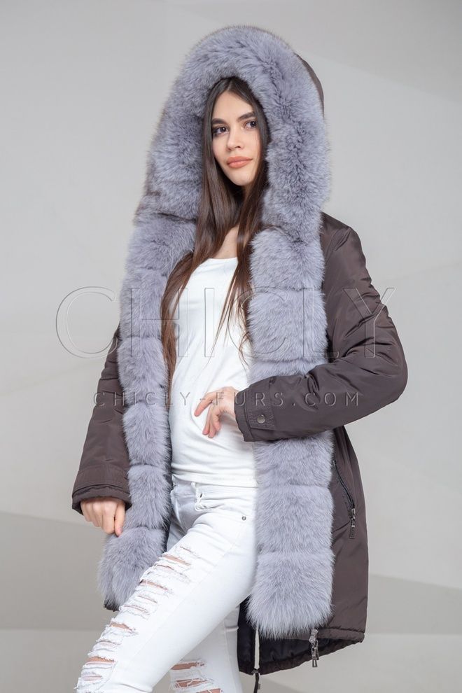 Парка из плащевки с отделкой песцом Амаль