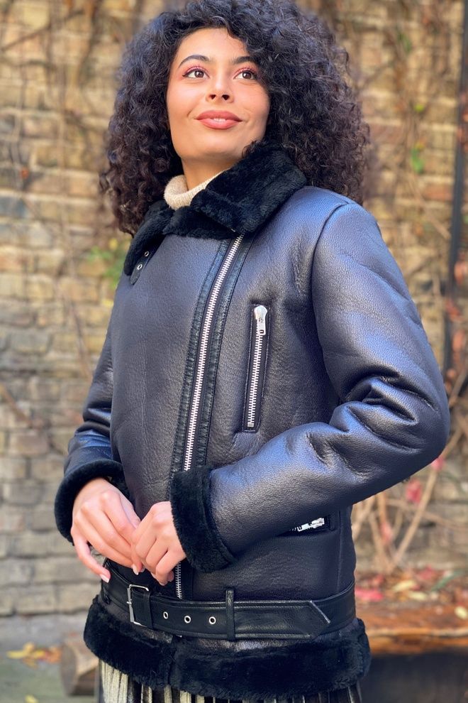 Дубленка-авиатор с отложным воротником (черный)