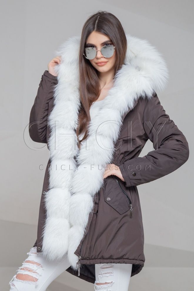 Парка из плащевки с отделкой лисой Илла Парка из плащевки с отделкой лисой Илла