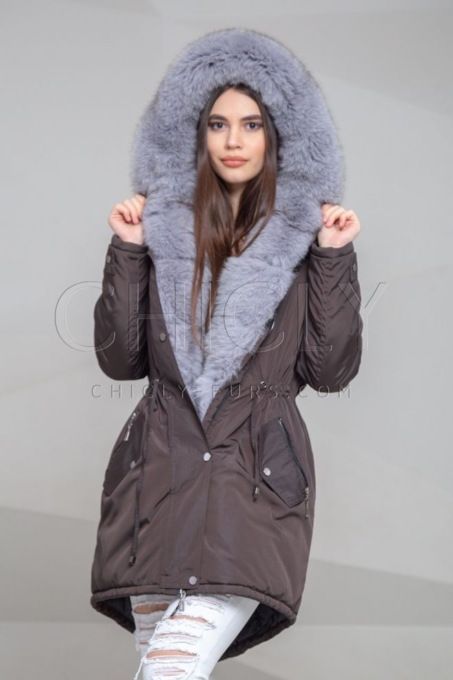 Парка из плащевки с отделкой песцом Амаль