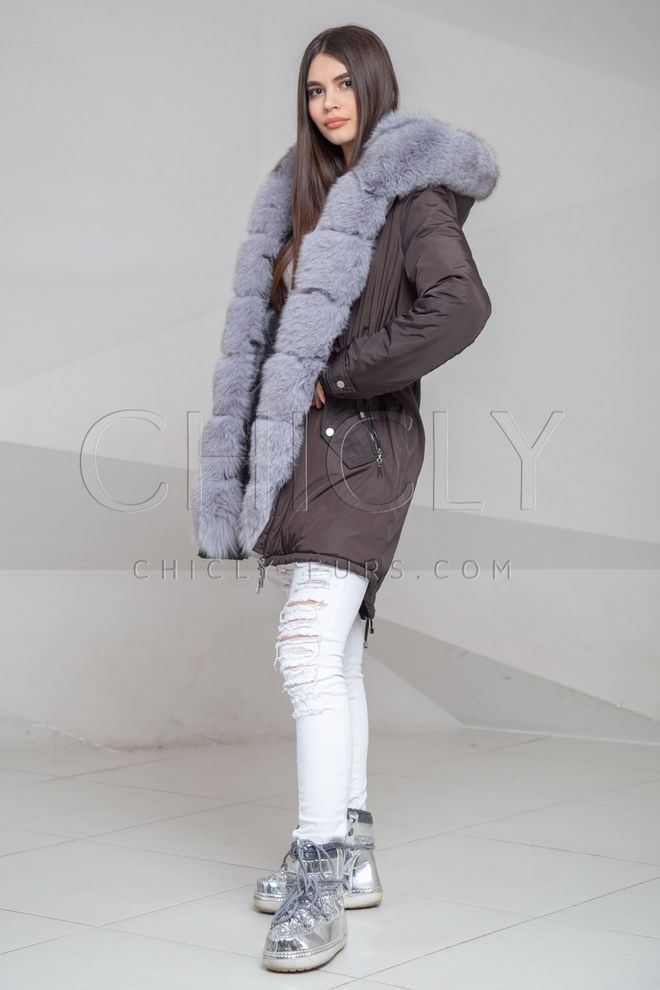 Парка из плащевки с отделкой песцом Амаль