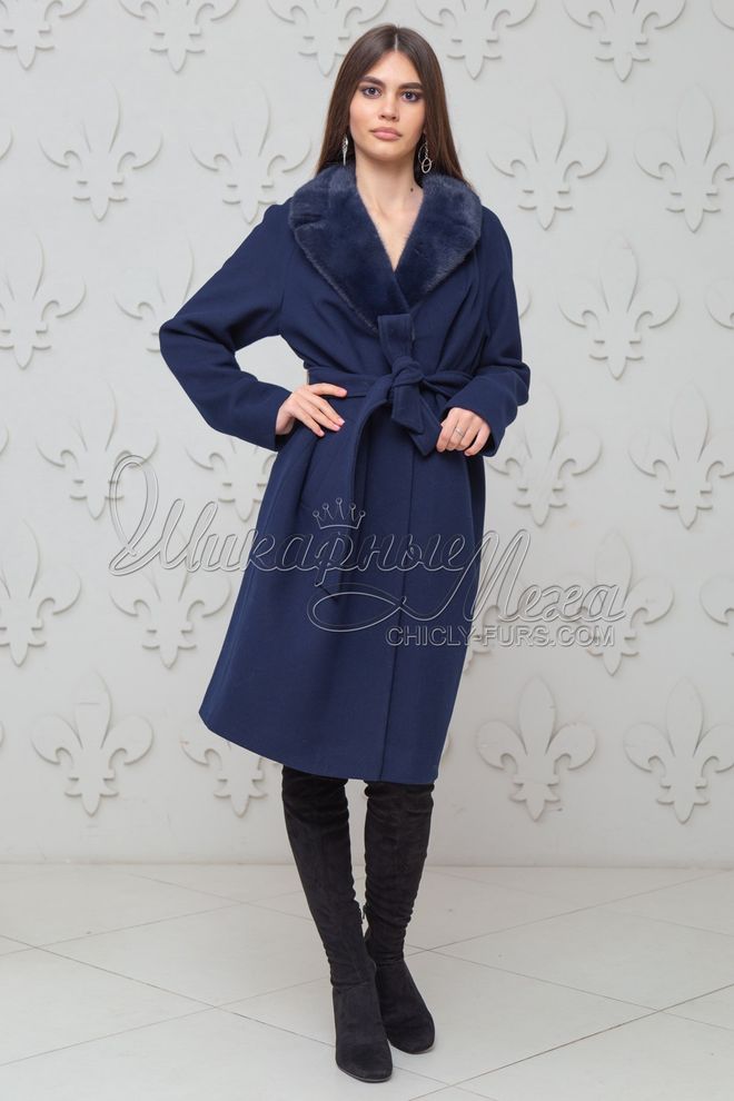 Пальто из кашемира с отделкой норкой Хасмин (синий)