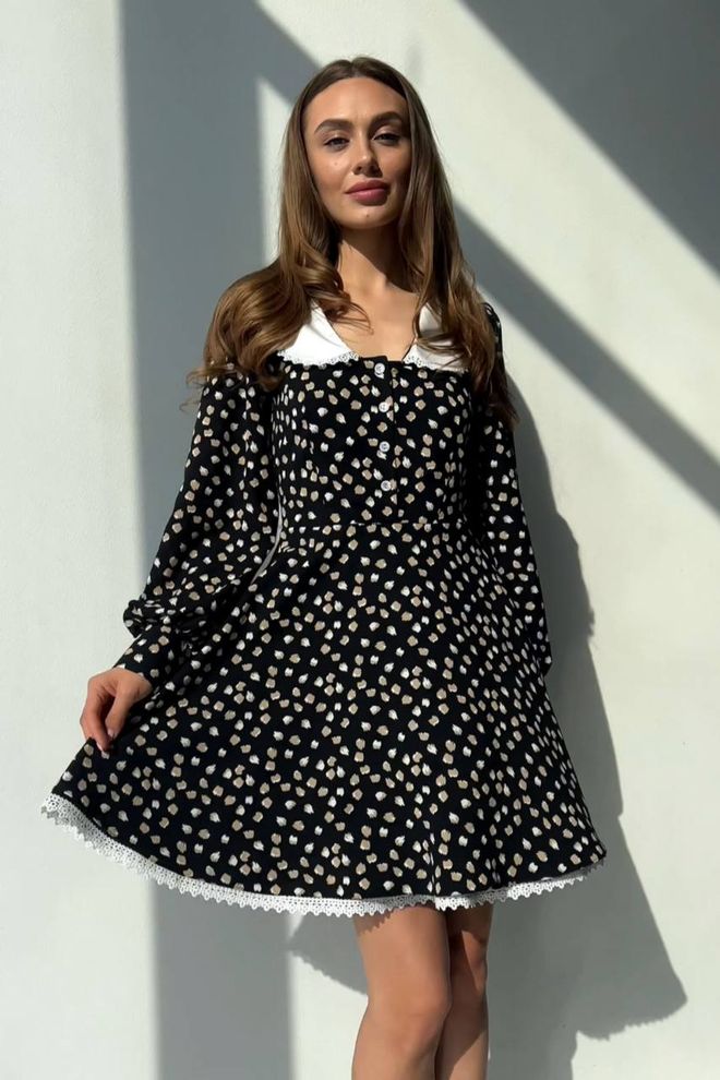 Плаття міні з білим коміром (чорний+коричневий)