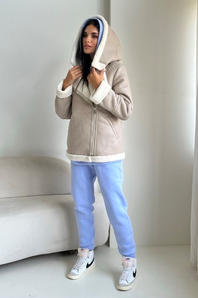 Дубленка с капюшоном на молнии овчина (беж)