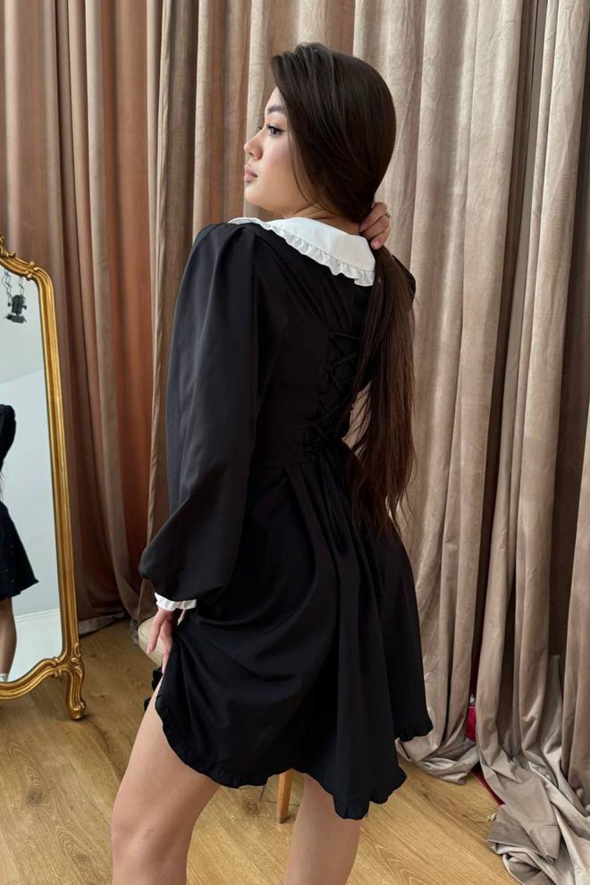 Платье мини с воротником и манжетами (черный+молоко)