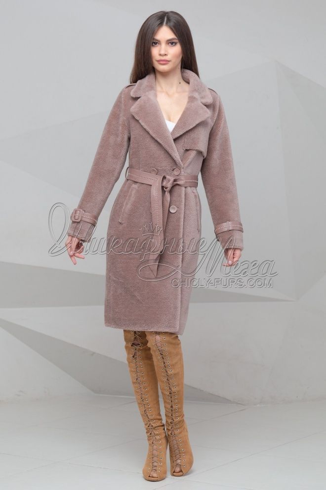 Пальто з овчини зимове кольору темної пудри