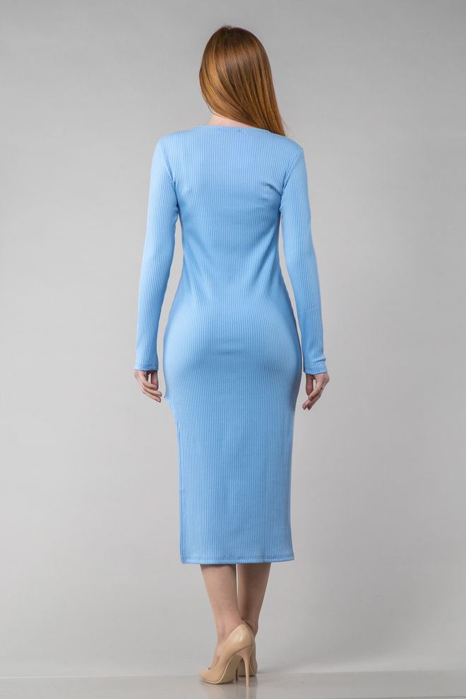 Платье миди с разрезом в рубчик длинный рукав (голубой)
