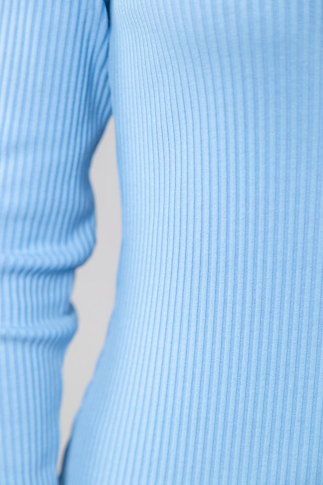 Платье миди с разрезом в рубчик длинный рукав (голубой)