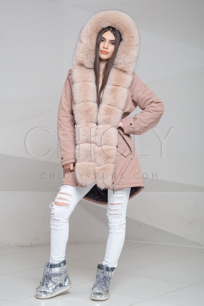 Парка из плащевки с отделкой песцом Дебора