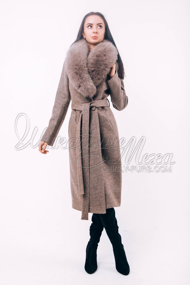 Пальто из шерстяной ткани с отделкой песцом Алиса