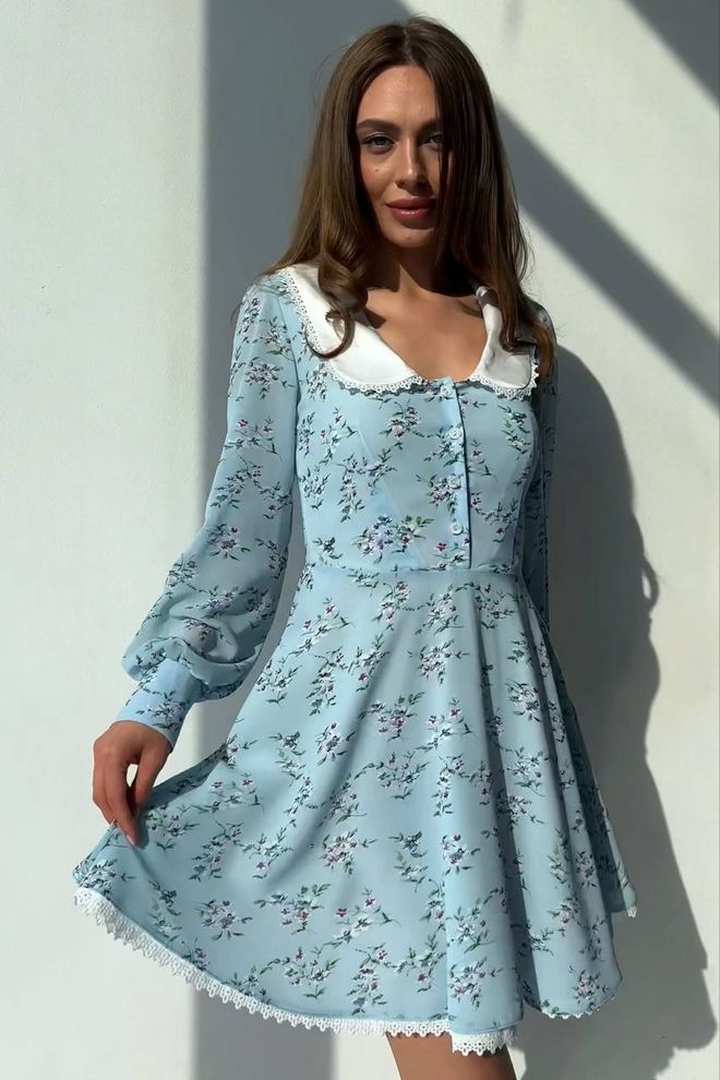 Платье мини с белым воротником (голубой)
