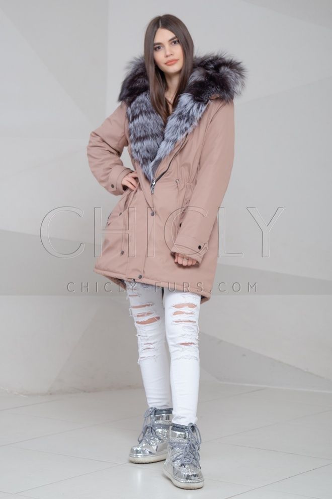 Парка из плащевки с отделкой чернобуркой Дарлен