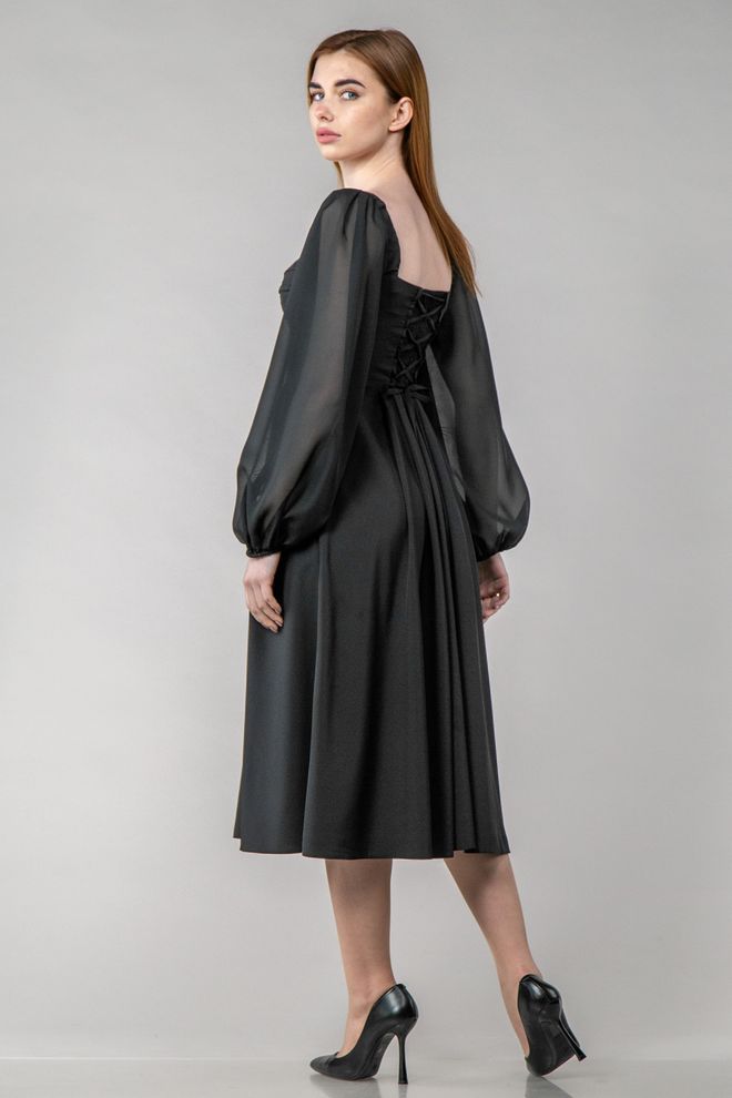 Платье миди с пышными рукавами (черный)