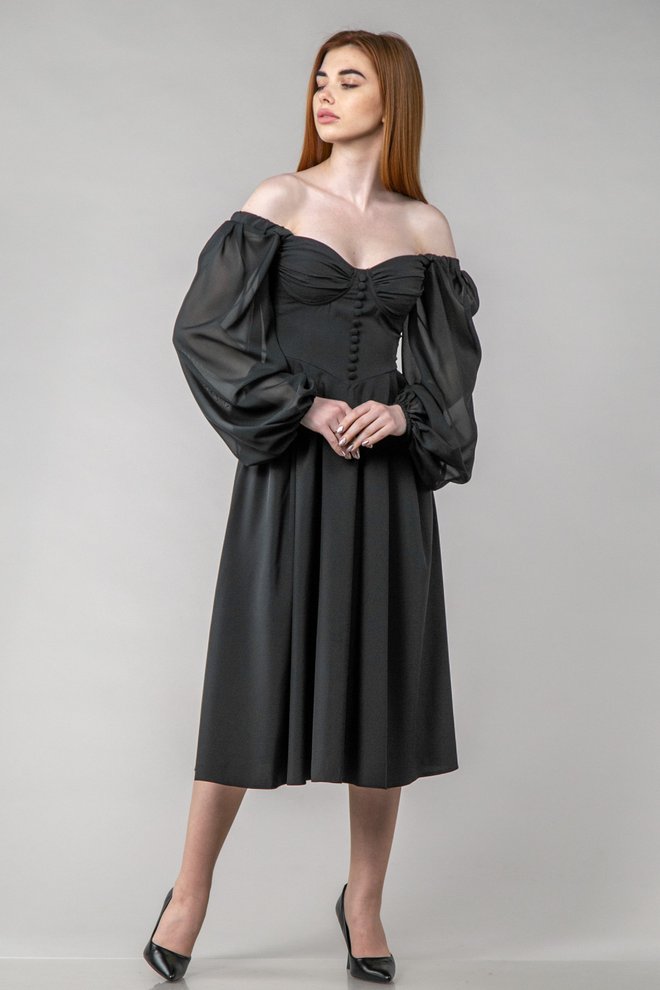 Плаття міді з пишними рукавами (чорний)