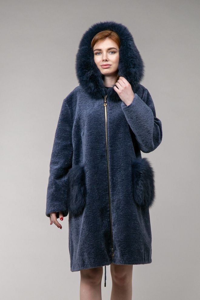 Шуба мутонова астраган з песцем (синій)