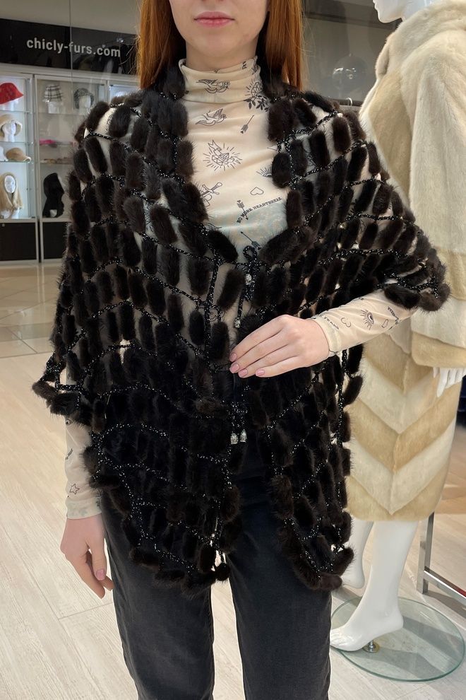 Пелерина з шматочків норки (махагон+чорний)