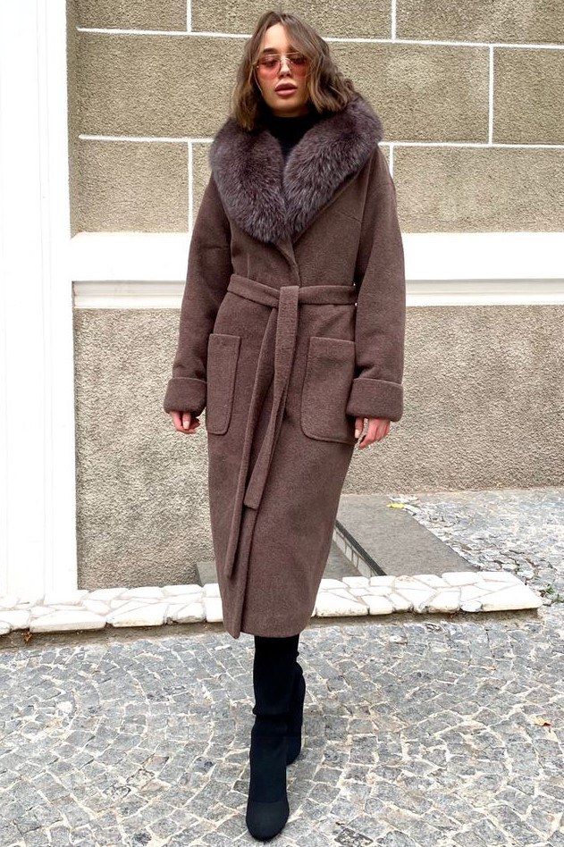 Пальто из шерстяной ткани с отделкой песцом Нэнси (20)