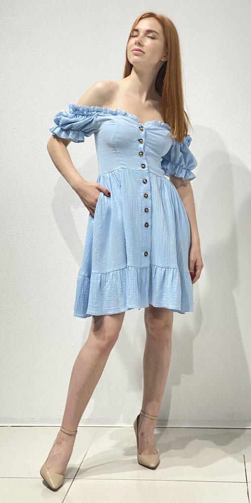 Платье мини на пуговицах с карманами (голубой)