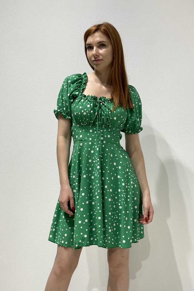 Плаття в горошок із зав'язками на спині (зелений+білий)