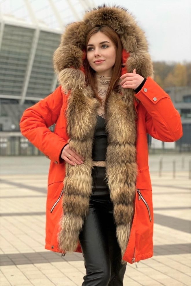 Парка з плащової тканини з єнотом (помаранчевий)